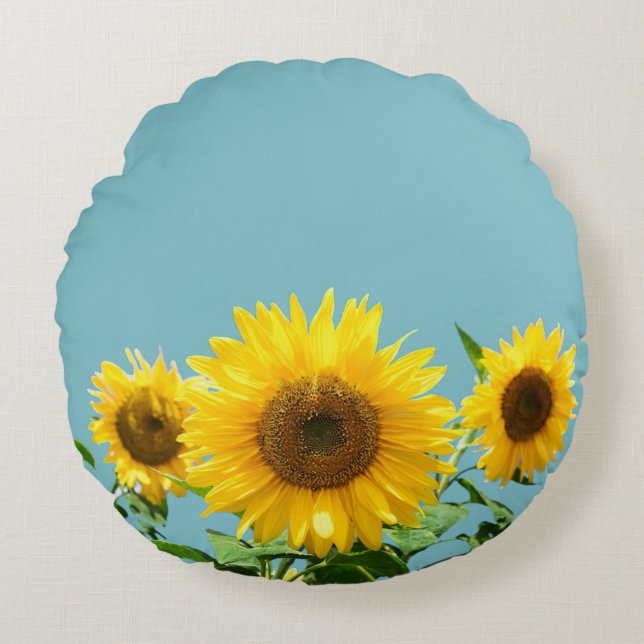 Sunflowers on Light Teal Turquoise Round Pillow (Front)