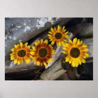 Sunflowers On Logs Brown Yellow Vintage Rustic Art