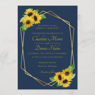 Sunflowers on navy wedding invitation
