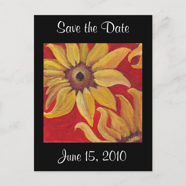 Sunflowers on Red - Black Save the Date postcard (Front)