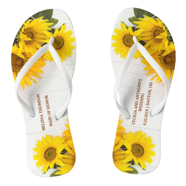 Sunflowers on Rustic Wood Wedding Flip Flops (Footbed)