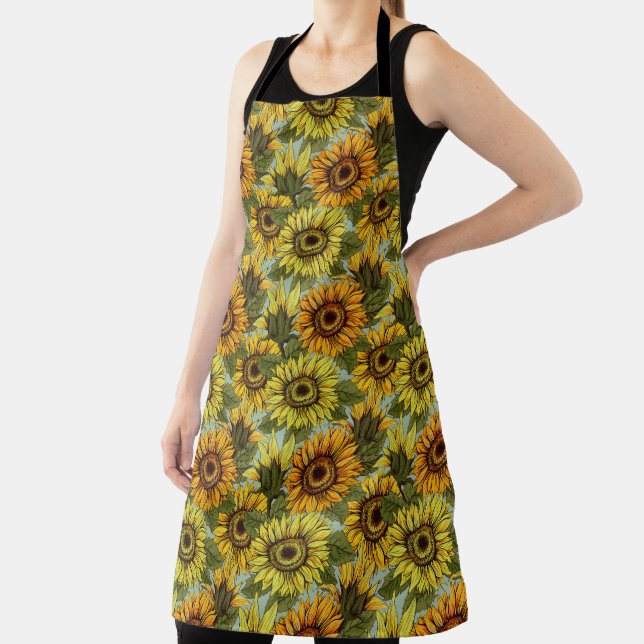Sunflowers on Sage Background Foliage Orange Yello Apron (Insitu)