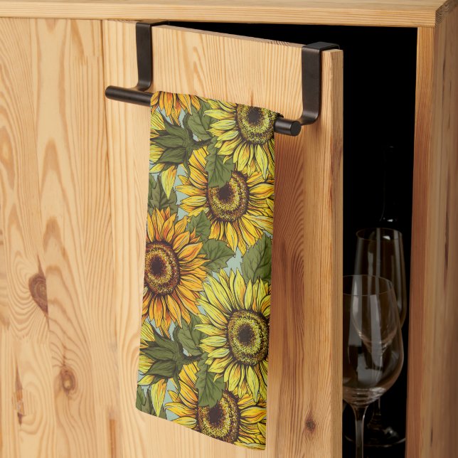 Sunflowers on Sage Background Foliage Orange Yello Kitchen Towel (Thirds Fold)