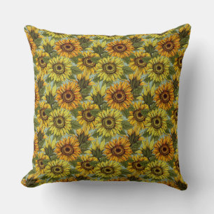 Sunflowers on Sage Background Foliage Orange Yello Throw Pillow