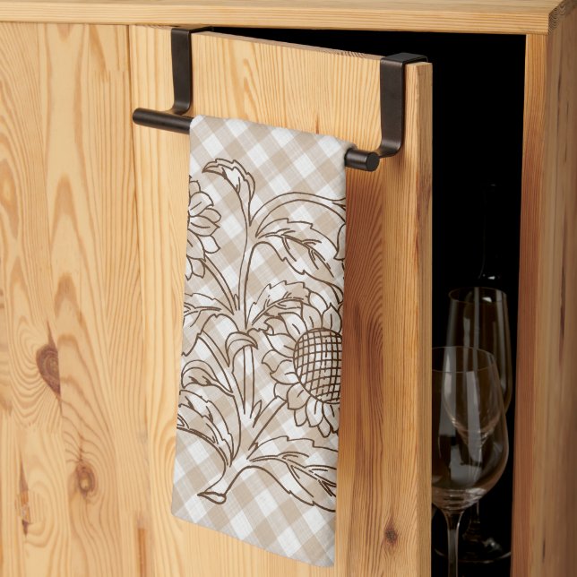 Sunflowers On Tan Beige Brown Gingham Pattern Kitchen Towel (Thirds Fold)