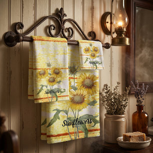 Sunflowers on wood bath towel set