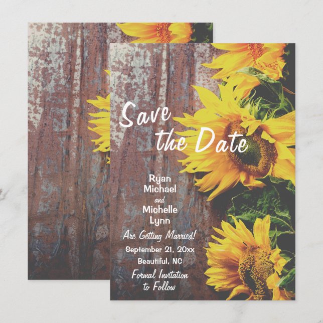Sunflowers on Wood Rustic Save the Date Wedding Invitation (Front/Back)