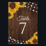 Sunflowers on Wood & String Lights Rustic Wedding Table Number<br><div class="desc">This rustic wedding table number card design features pretty painted, watercolor sunflowers & string lights on a dark wood background. Click the customize button for more flexibility in modifying the text! Variations of this design as well as coordinating products are available in our shop, zazzle.com/store/doodlelulu. Contact us if you need...</div>