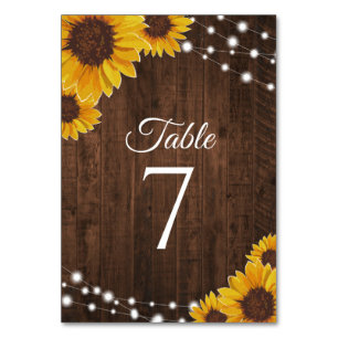 Sunflowers on Wood & String Lights Rustic Wedding Table Number