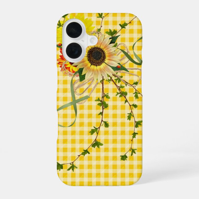 Sunflowers On Yellow Gingham iPhone 16 Case (Back)