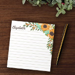 Sunflowers Orange Berries Lined Your Name Notepad<br><div class="desc">Personalized sunflower notepad with practical lines and your name in a brown script and yellow sunflowers and smaller flowers in yellow, turquoise, and white with berry branches adorning the right side of the notepad. Sunflower themed personalized notepad with a lined paper and printed with your name in a charming brown...</div>