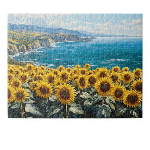 Sunflowers Overlooking Ocean Painting design Jigsaw Puzzle