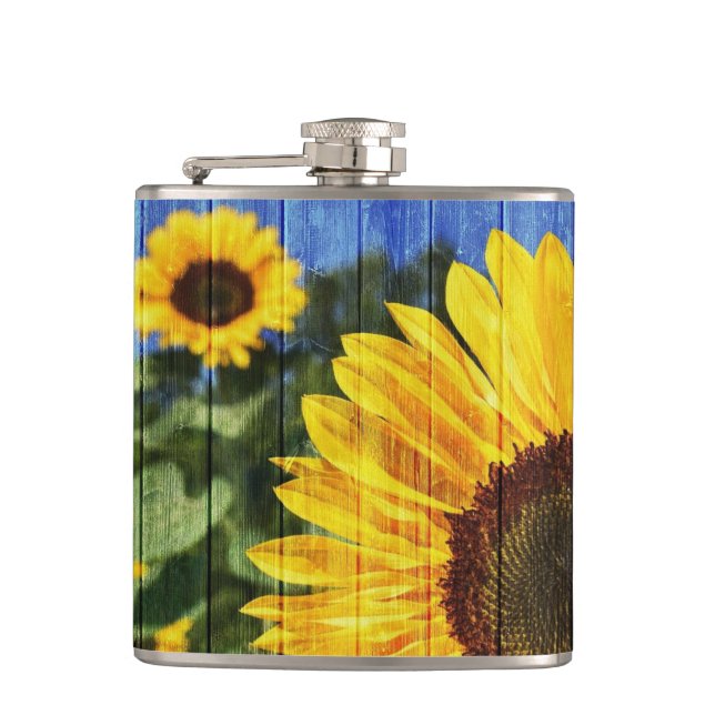 Sunflowers Painted Fence Hip Flask (Front)