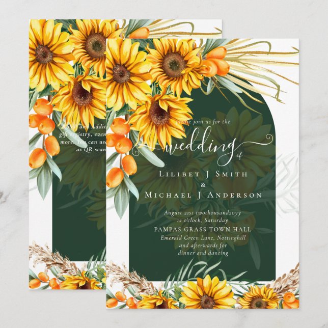 Sunflowers Pampas Grass Emerald Green BOHO Wedding Invitation (Front/Back)