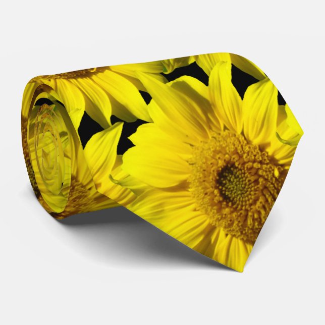 Sunflowers Pattern Cust. BG Colour Black Neck Tie (Rolled)