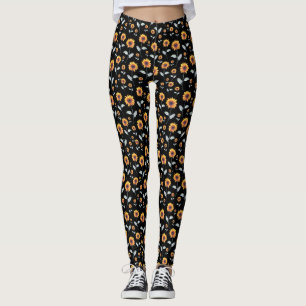 Sunflowers Pattern On Black Leggings