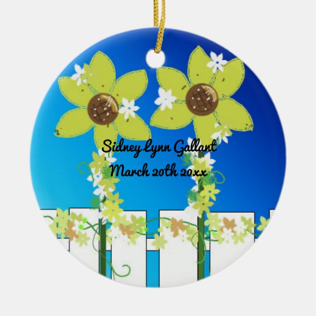 Sunflowers Picket Fence First Christmas Ceramic Ornament (Front)