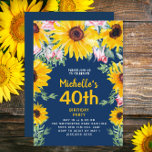Sunflowers Pink Roses Navy Blue 40th Birthday Invitation<br><div class="desc">Brightly coloured yellow sunflowers and pink roses on navy blue 40th birthday party invitation for women. Text is customizable for any age or springtime or summer event you might be planning. Nice for a birthday picnic or backyard party. Contact me if I can help you with customization or if you...</div>