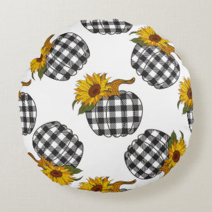 Sunflowers, plaid pumpkin, farmhouse decor round pillow
