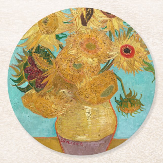Sunflowers, Post Impressionist Still Life Painting Round Paper Coaster (Front)