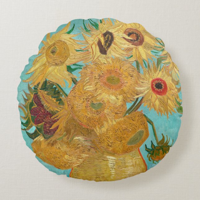 Sunflowers, Post Impressionist Still Life Painting Round Pillow (Front)
