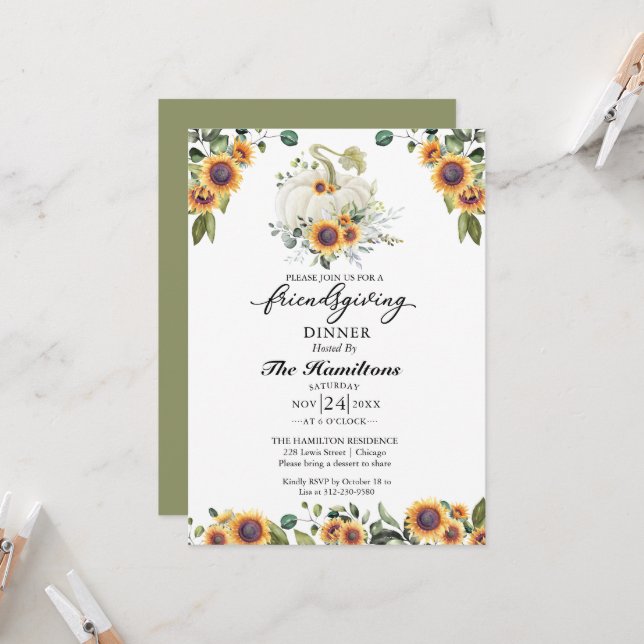 Sunflowers Pumpkin Friendsgiving Dinner Invitation (Front/Back In Situ)