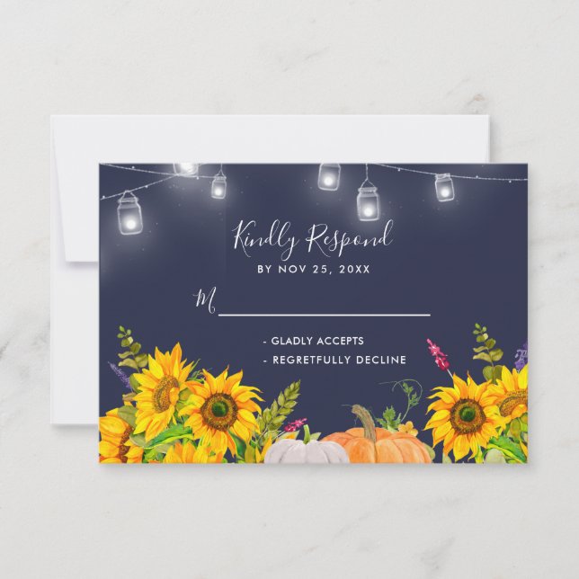 Sunflowers Pumpkin String Lights Rustic Wedding RSVP Card (Front)