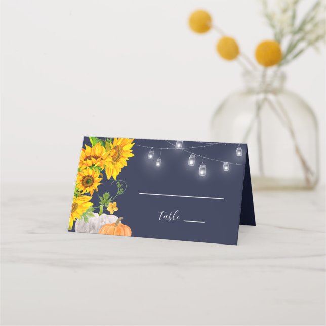 Sunflowers Pumpkins Monogrammed Rustic Wedding Place Card (Front)