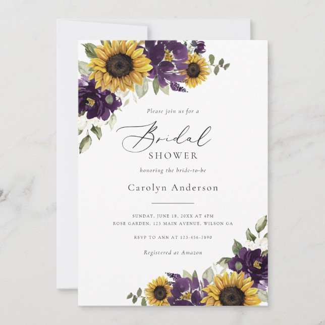 Sunflowers Purple Floral Rustic Bridal Shower Invitation (Front)