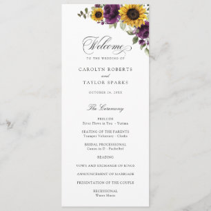 Sunflowers Purple Greenery Floral Rustic Wedding Program