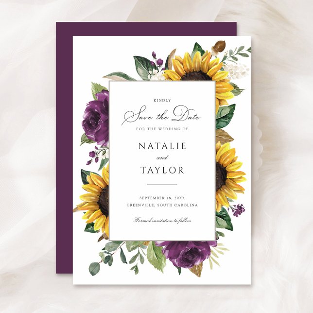 Sunflowers Purple Greenery Rustic Save the Date Invitation (Creator Uploaded)