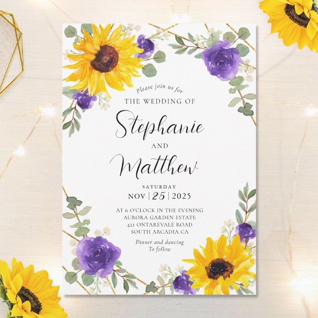 Sunflowers Purple Rose Geometric Botanical Wedding Invitation (Creator Uploaded)