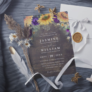Sunflowers Purple Roses Daisies Rustic Wedding Invitation