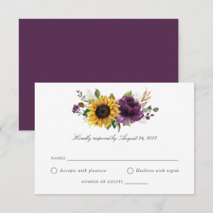 Sunflowers Purple Violet Greenery Wedding RSVP  Invitation