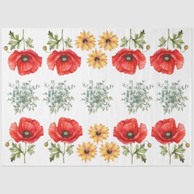Sunflowers, Red Poppies & Eucalyptus  Decoupage Tissue Paper (Front)