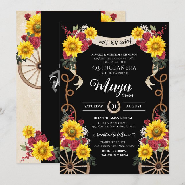 Sunflowers Red Roses Black Charro Quinceanera Invi Invitation (Front/Back)