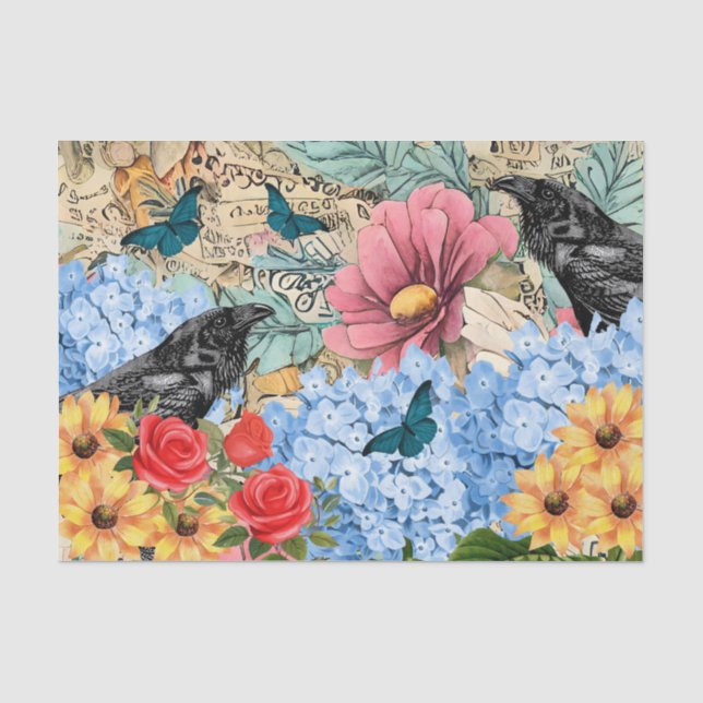 Sunflowers Red Roses Blue Hydrangea & Ravens Tissue Paper (Front)