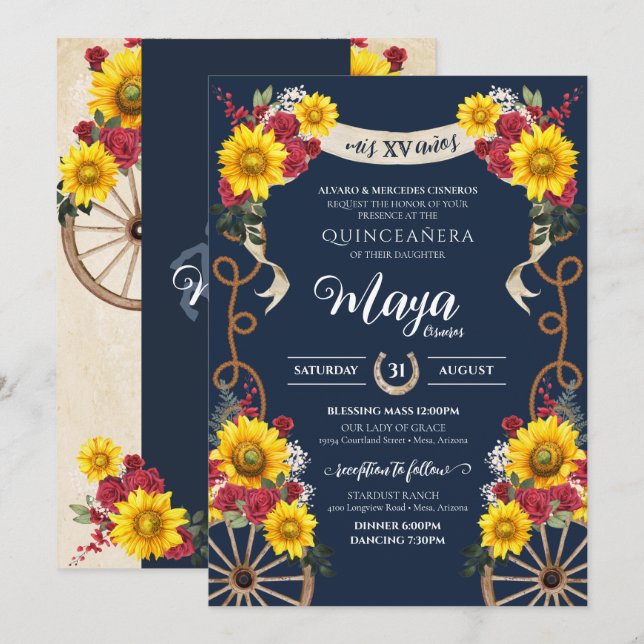 Sunflowers & Red Roses Rustic Charra Quinceanera Invitation (Front/Back)
