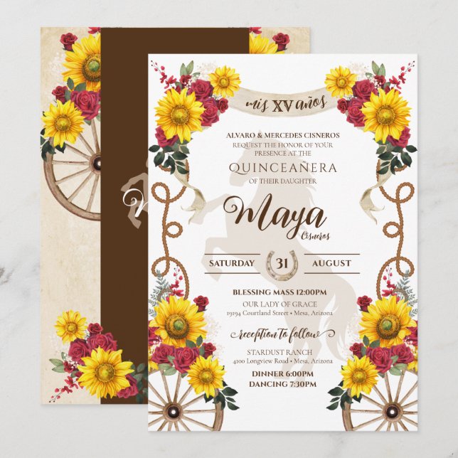 Sunflowers & Red Roses Rustic Charro Quinceanera Invitation (Front/Back)