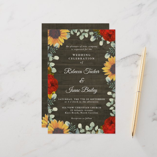 Sunflowers Red Roses Rustic Grey Budget Wedding (Front/Back In Situ)