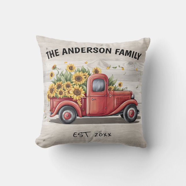 Sunflowers Red Truck Custom Family Name Throw Pillow (Front)