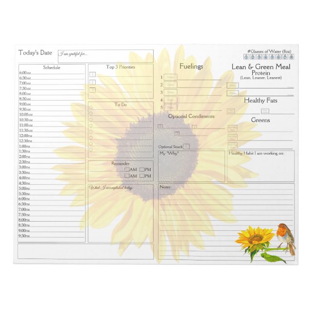 Sunflowers Robin Daily Planner 5 - 1 Food Journal Notepad (Front)