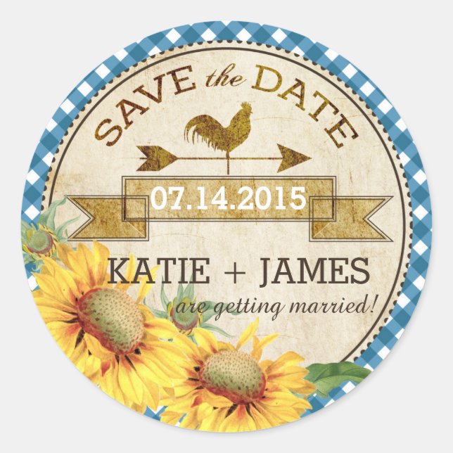 Sunflowers Rooster Rustic Save the Date Label (Front)