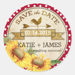 Sunflowers Rooster Rustic Save the Date Label