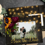 Sunflowers roses barn wood save the date wedding announcement postcard<br><div class="desc">Yellow gold sunflowers,  maroon roses,  and strings of twinkle lights on dark brown elegant barn wood photo save the date wedding postcard.           Easy to personalize with your names and text!            Suitable for floral summer or autumn fall / garden backyard rustic country or farmhouse themed weddings.</div>