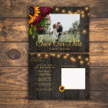 Sunflowers roses barn wood save the date wedding announcement postcard<br><div class="desc">Yellow gold sunflowers,  burgundy roses,  and strings of twinkle lights on a dark brown elegant barn wood photo save the date wedding postcard.           Easy to personalize with your names and text on both sides!            Suitable for floral summer or autumn fall outdoor garden backyard rustic country or farmhouse themed weddings.</div>