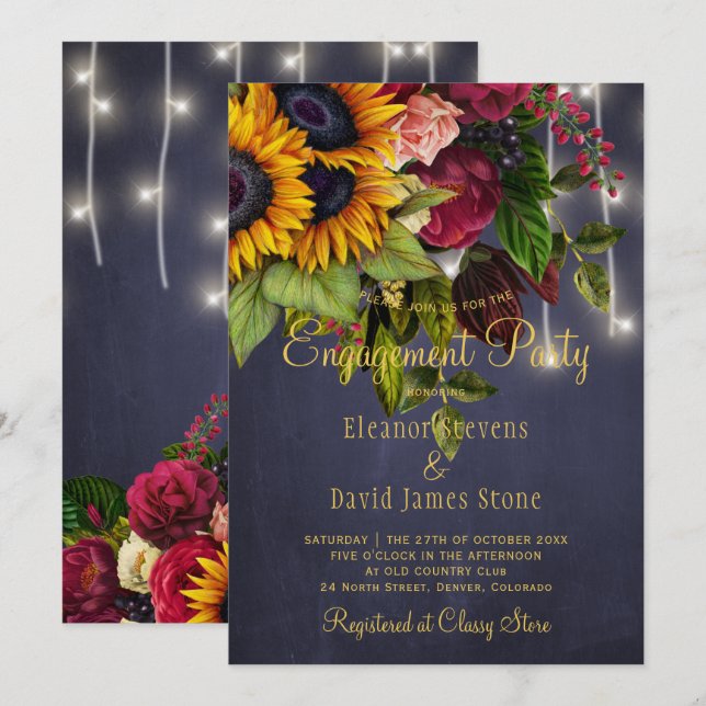 Sunflowers roses rustic navy burgundy engagement invitation (Front/Back)