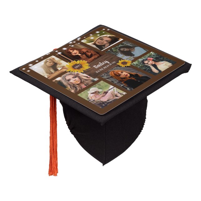 Sunflowers Rustic 8 Photo Collage Class Year Graduation Cap Topper (Angled)
