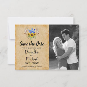 Sunflowers Rustic Antlers Floral Wedding Save The Date