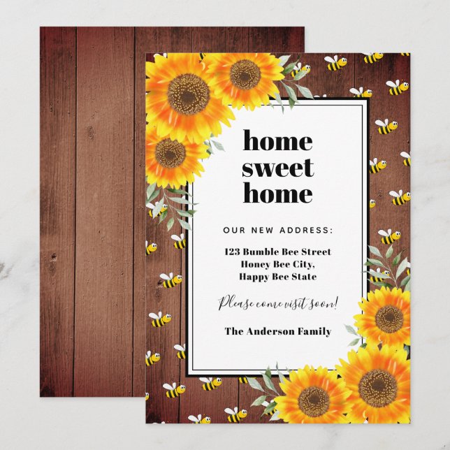 Sunflowers rustic bumble bees new home moving announcement (Front/Back)